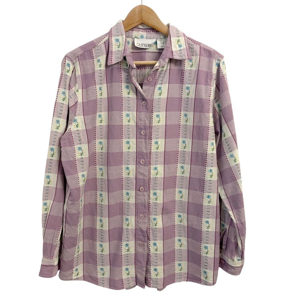 Vintage 90s Button Up Shirt Cottagecore Floral Embroidered Gingham Women L Lilac
